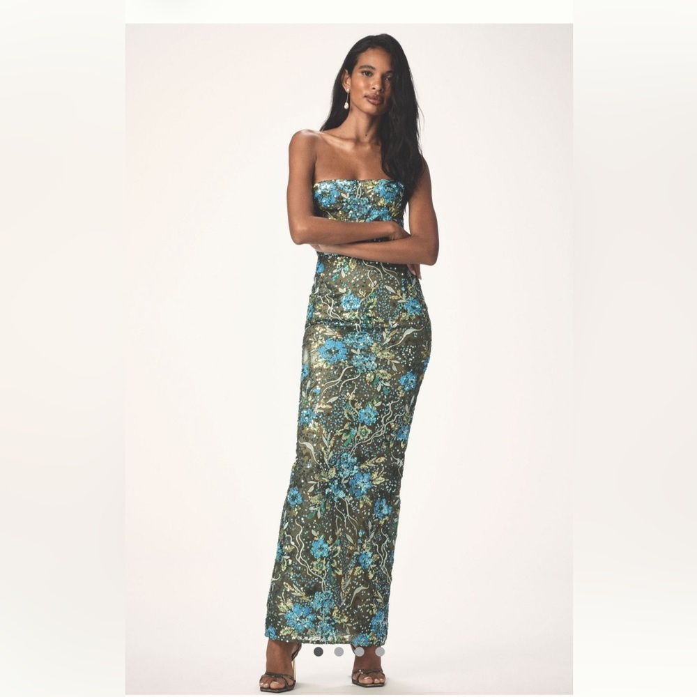 Bronx and Banco Olive Strapless Gown with Blue Floral Sequin Embellishment